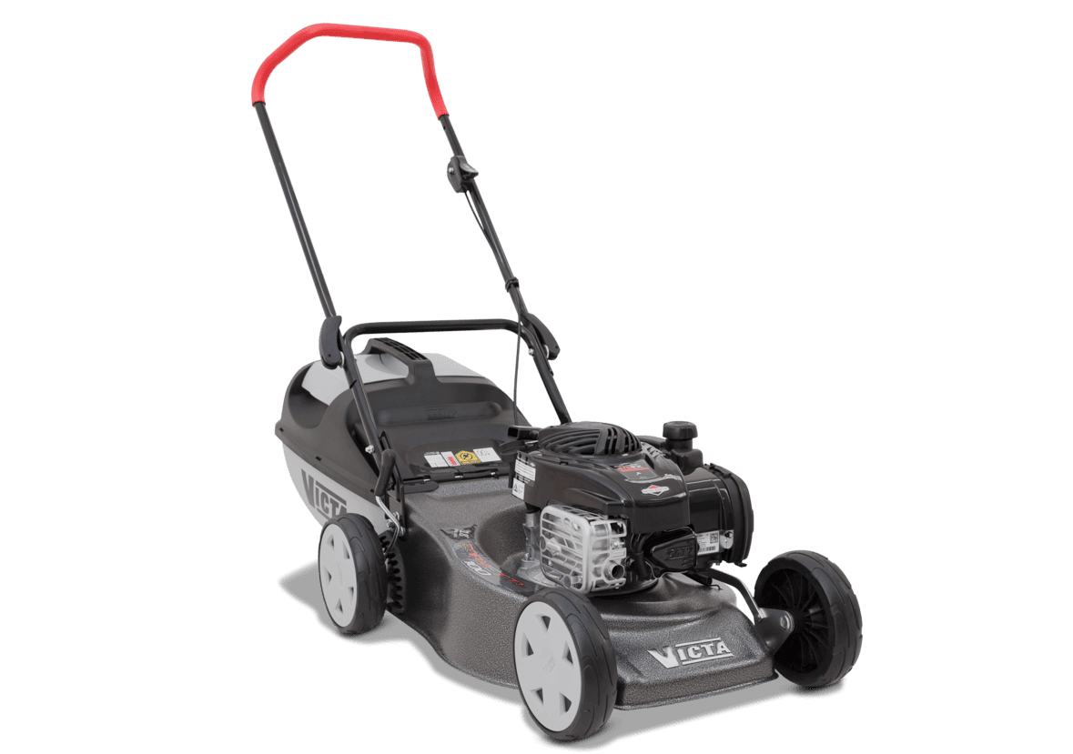 A Victa lawn mower with a dark gray body, black wheels and handle, and a red handle grip, shown on a white background.