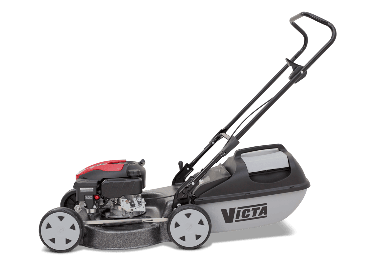 A side view of a VICTA electric lawn mower with a grey and black body, a red engine cover, and a black handle, shown on a white background.
