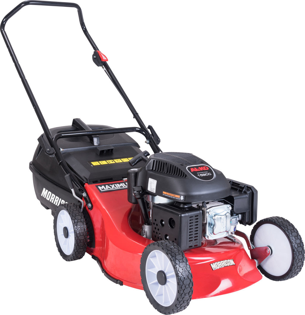 A red and black Morrison Maximus lawn mower with a 460mm cutting width, featuring a twin blade system and a rear catcher.