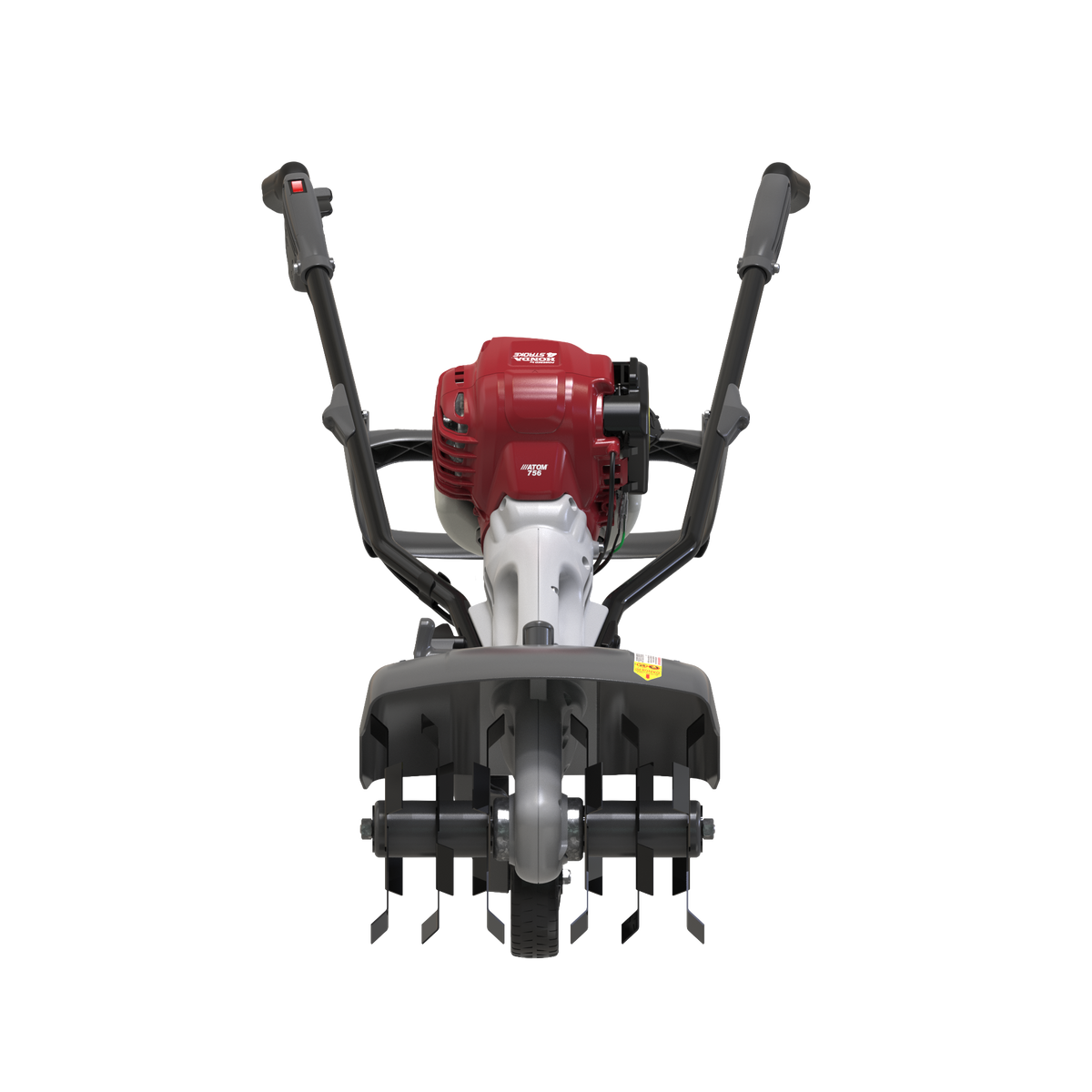 Atom 756-6T garden tiller, front view showing tines and tine guard