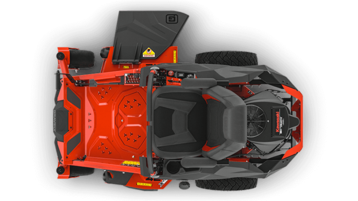 Birds eye view of a red and black Gravely ZTX 42 zero-turn residential lawnmower with hydrogear transaxles.