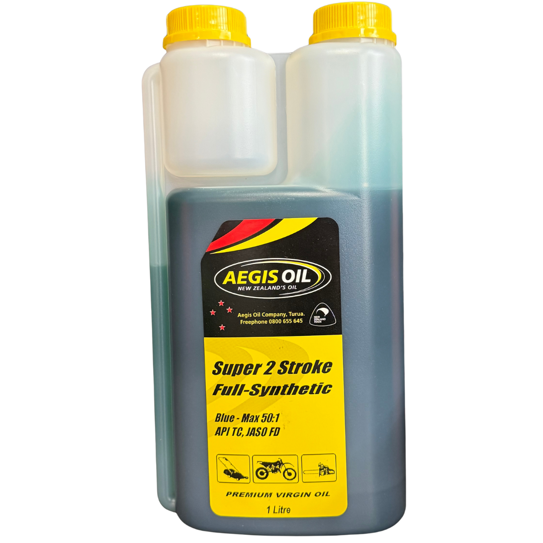 Aegis Oil Super 2 Stroke Full-Synthetic oil container on a white background