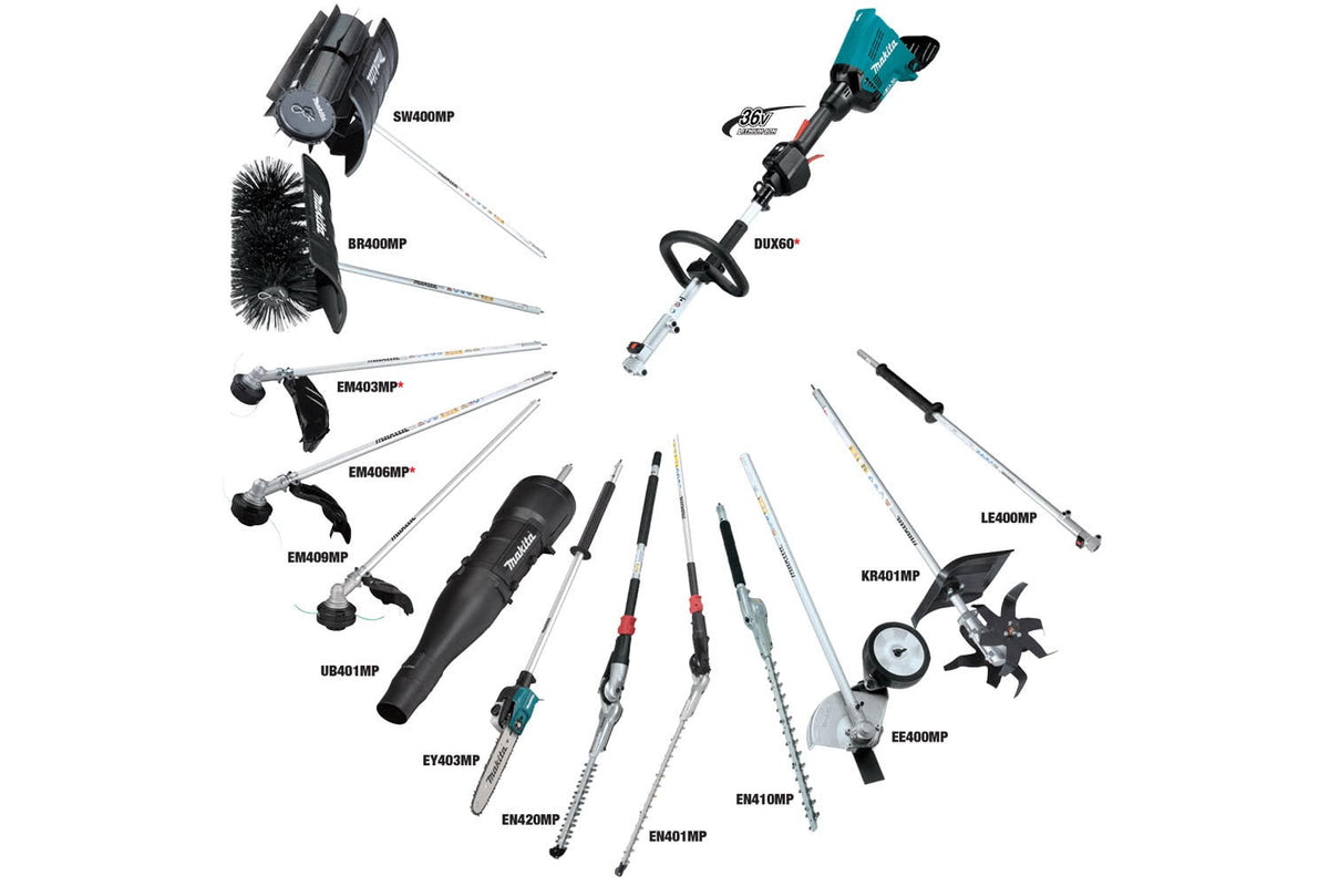 Set of various gardening attachments for a multi-tool Makita Powerhead in LXT and XGT ranges on a white background