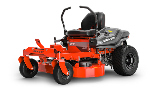 Another side view of a red Gravely ZT 42 zero-turn lawn mower with black accents.