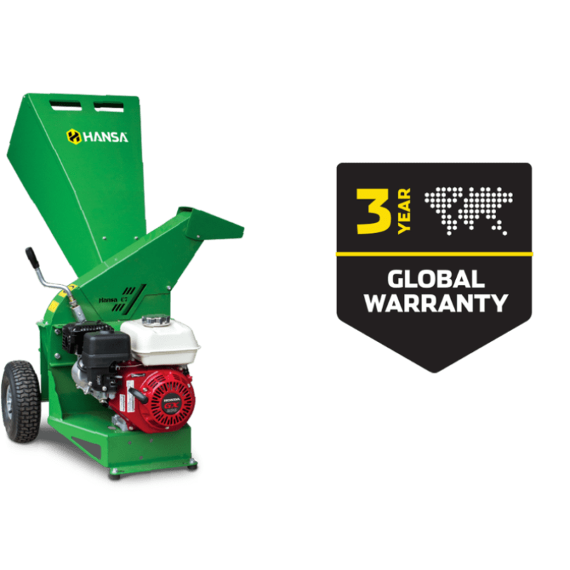 Hansa Green C7 Chipper with a 3-year global warranty badge on a green background