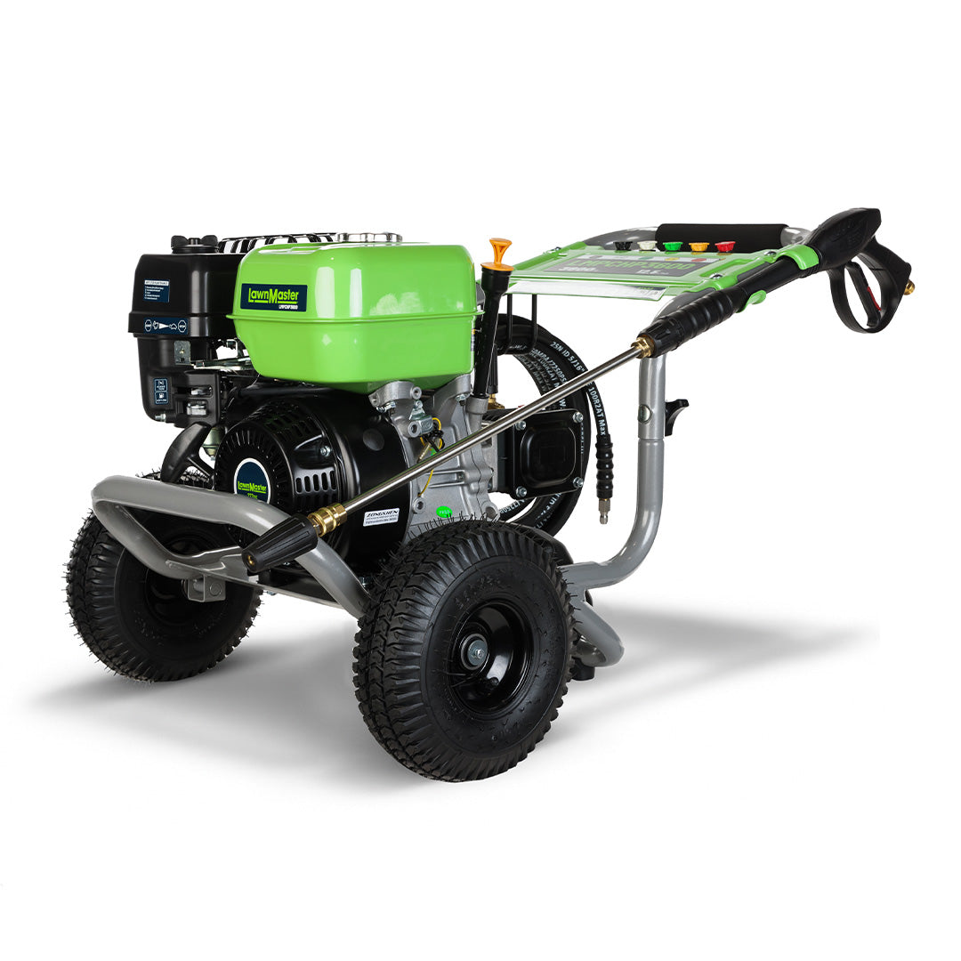 LawnMaster Green pressure washer with hose on a white background