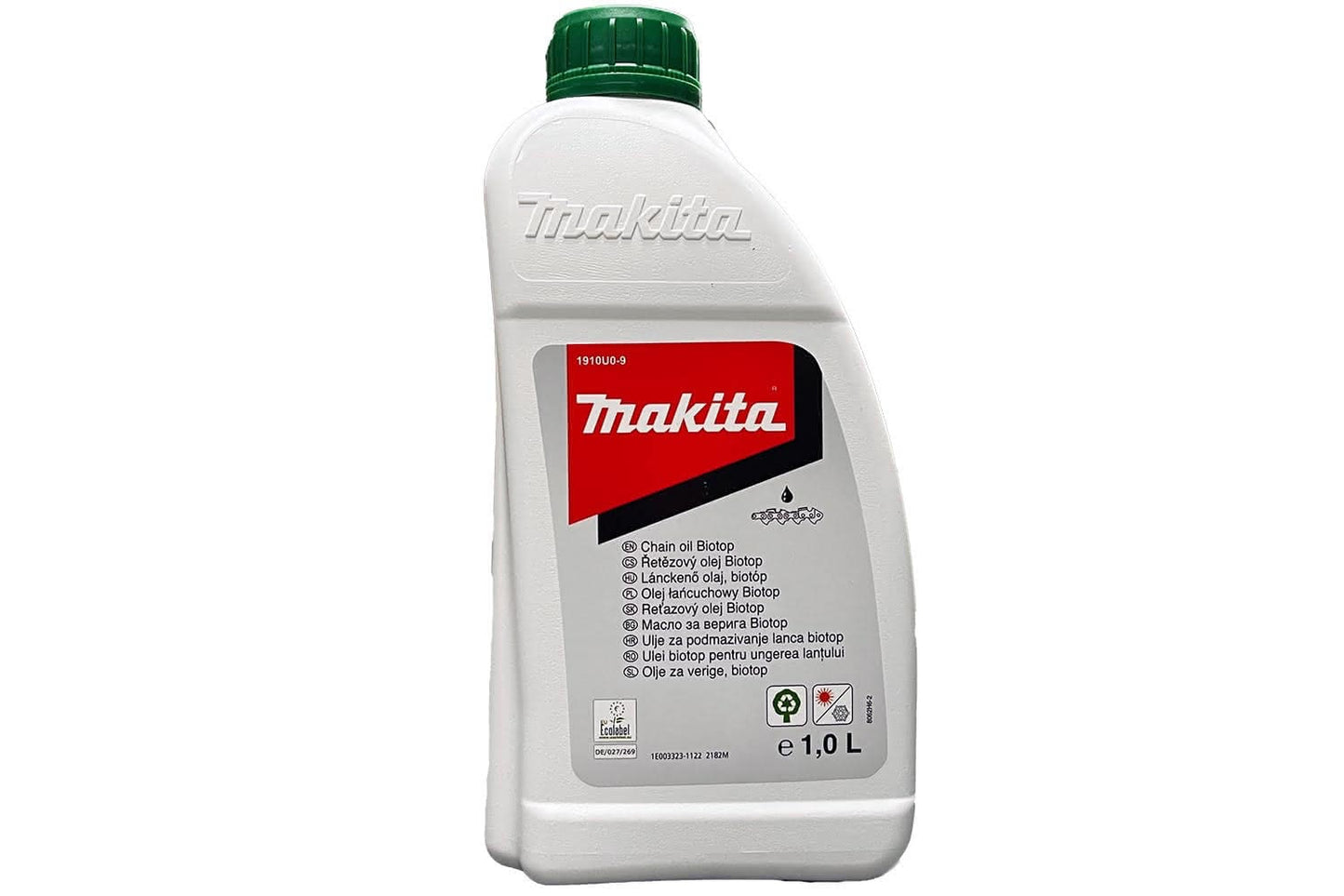 1 Litre Makita chain bar oil bottle on a white background