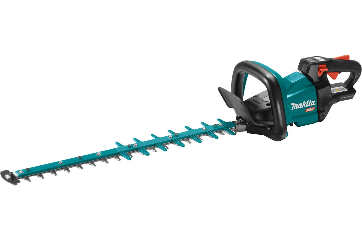 Makita 40Vmax XGT Brushless 600mm Hedge Trimmer with a green body, black handle, and red accents.