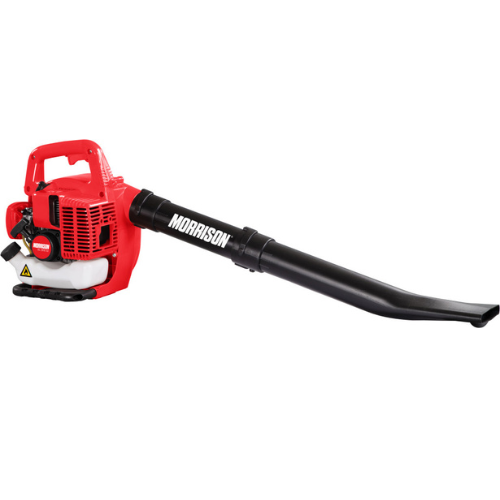 Red and black leaf blower with 'Morrison' branding on a white background