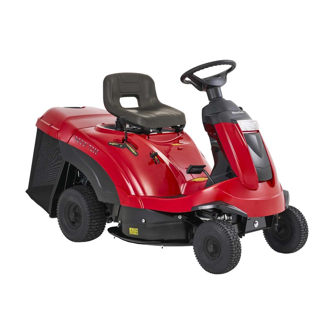 A red and black riding lawn mower with a seat, steering wheel, and four wheels, photographed on a clean white background.