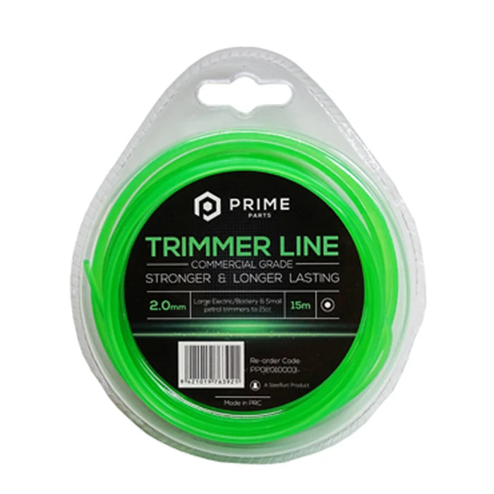 2.0mm 15m Green trimmer line packaging with Prime Parts branding on a white background