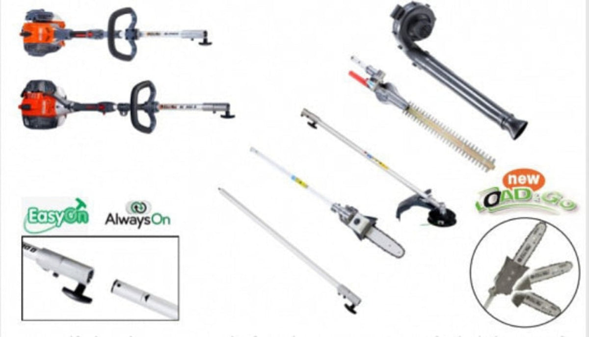 Image olf Oleo-Mac power heads and the various attachments you can get