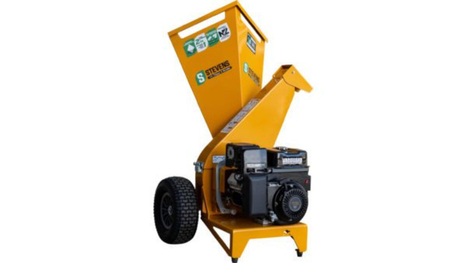 Yellow Stevens wood chipper with visible branding on a white background