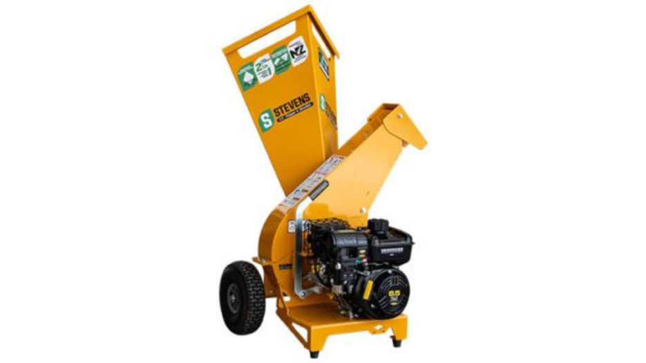 Yellow wood chipper with visible branding on a white background