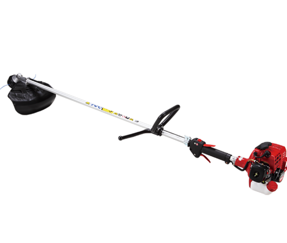 Shindaiwa T226S brushcutter with red and black color scheme, featuring an ergonomic design and a power output label.