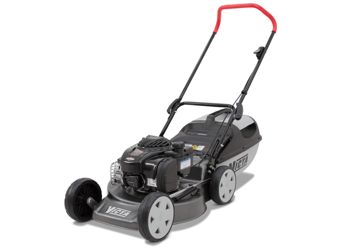 A Victa brand push lawn mower with a black and gray body, a red handle grip, and black wheels, shown on a plain white background.
