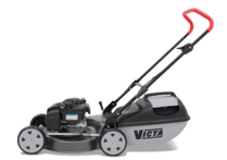 A VIGTA lawn mower with a black and gray body, silver wheels, and a red handle grip, shown from a side angle on a white background.