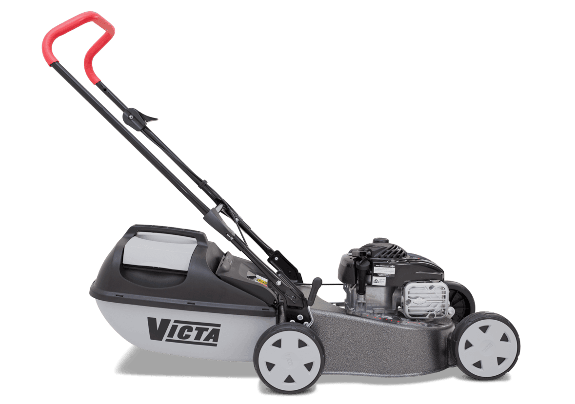 A VICTA lawnmower with a gray and black body, a red handle grip, and a visible engine, shown on a plain white background.