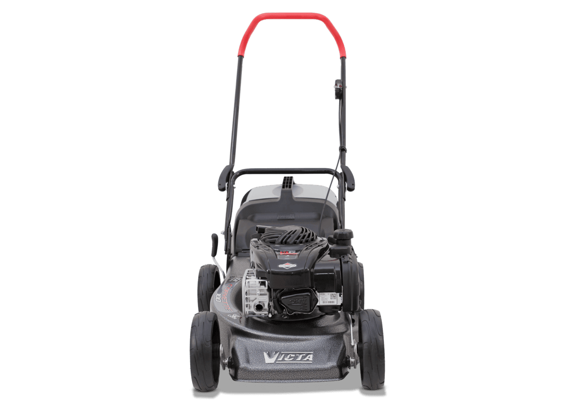 A front-facing view of a Victa lawn mower with a black body, black wheels, a black engine, and a red handlebar grip on a white background.