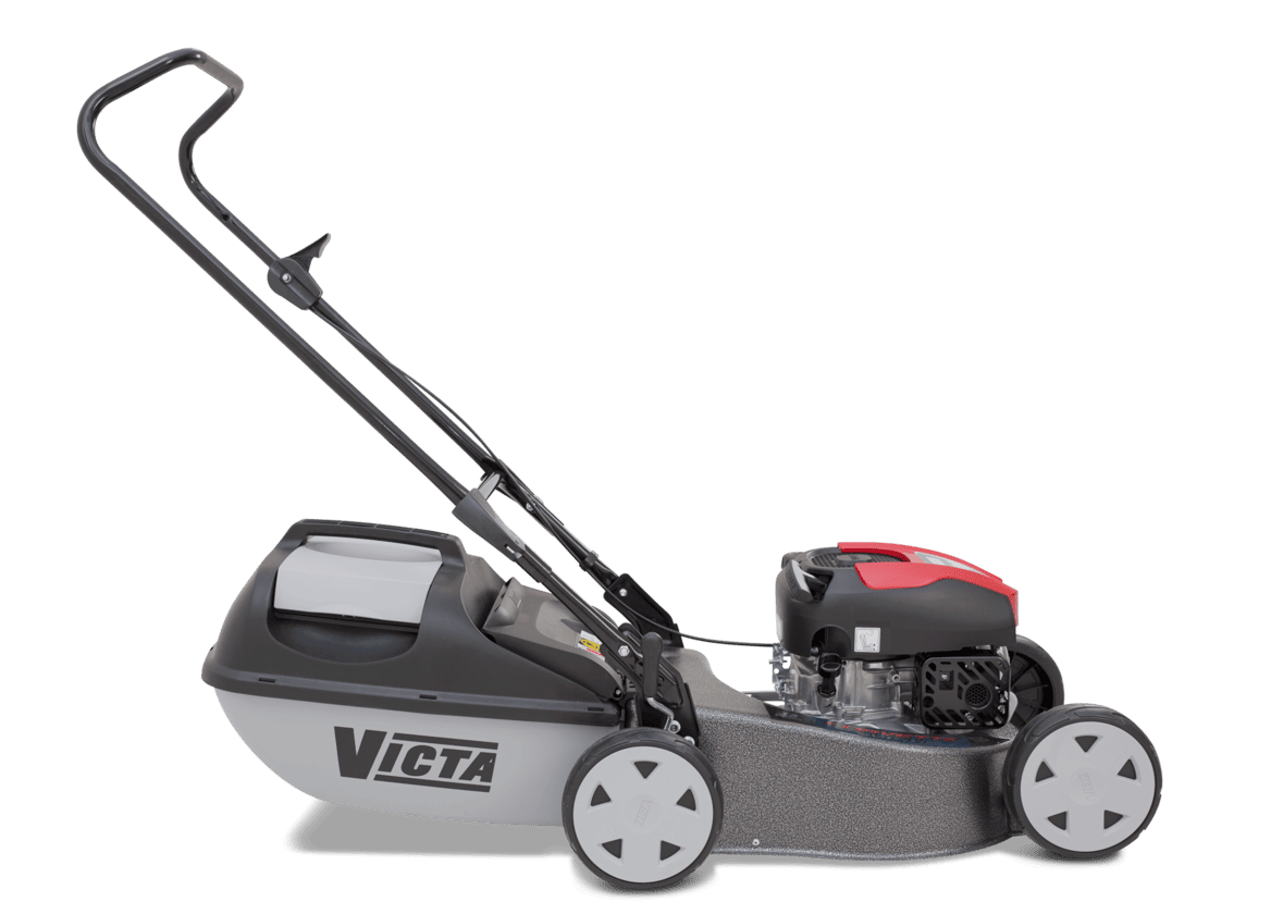 A VICTA lawn mower with a gray and black body, a red and black engine, and a black handle, shown on a solid white background.