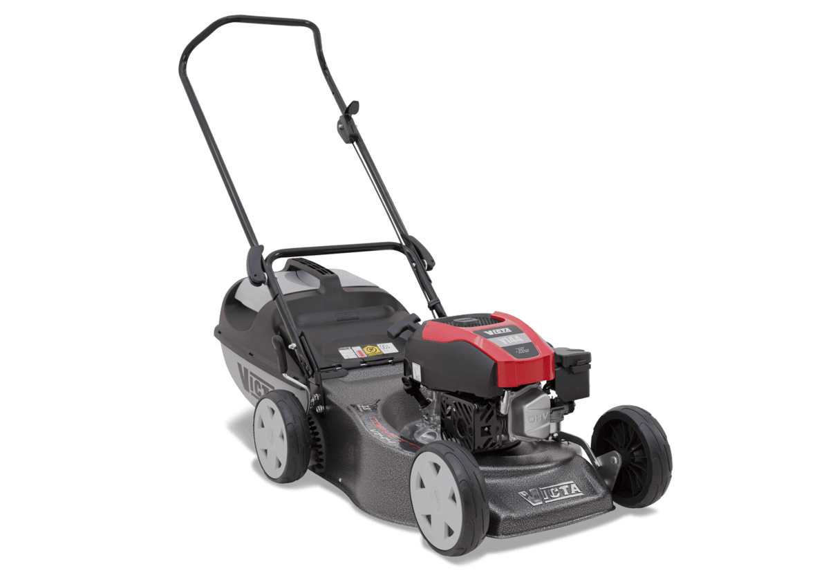 A red and black walk-behind lawn mower with a black handle and wheels, shown on a plain white background.