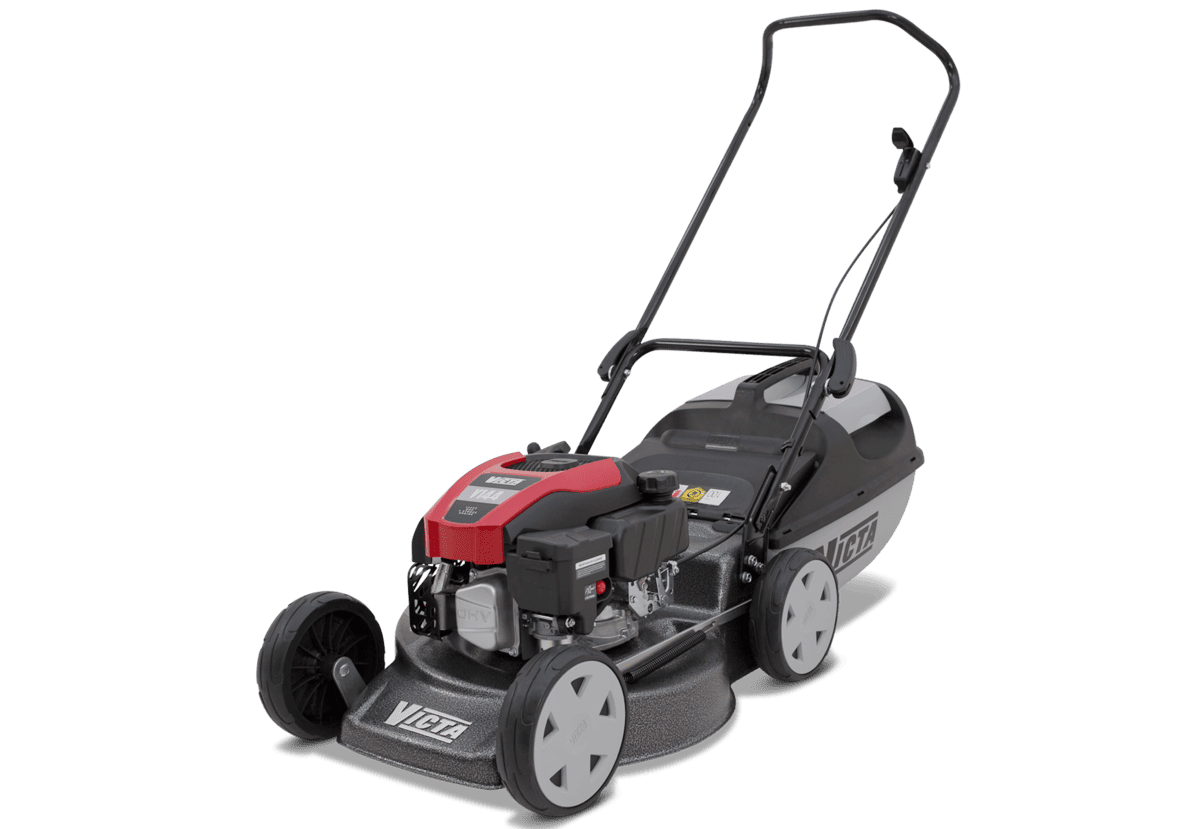 A Victa brand gas-powered push lawn mower with a black and gray body, a red engine cover, and silver wheels, shown on a plain white background.