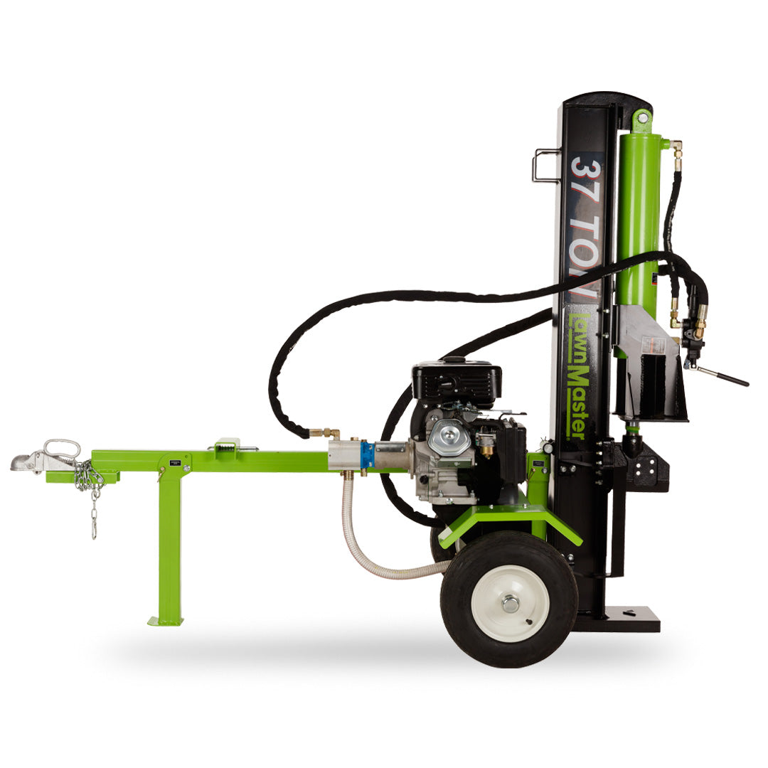 Green and black log splitter with '37 Ton' label on a white background