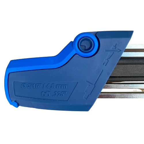 Blue 3/16 chainsaw file guide on a white background