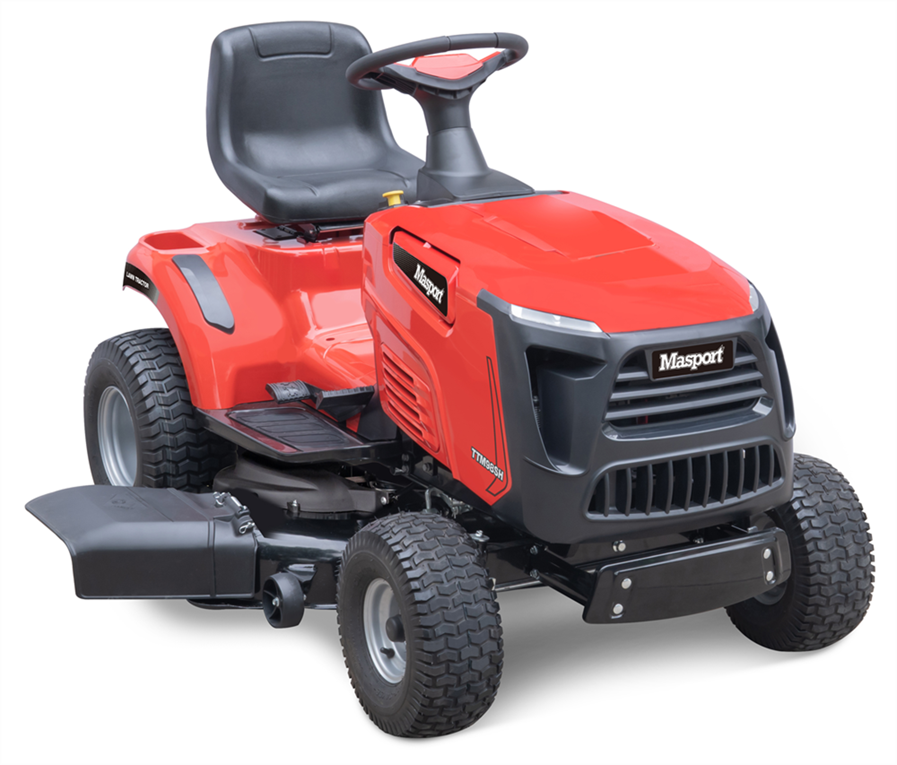 Red Masport TTM98SH 38" side discharge riding lawn mower with black seat on a white background