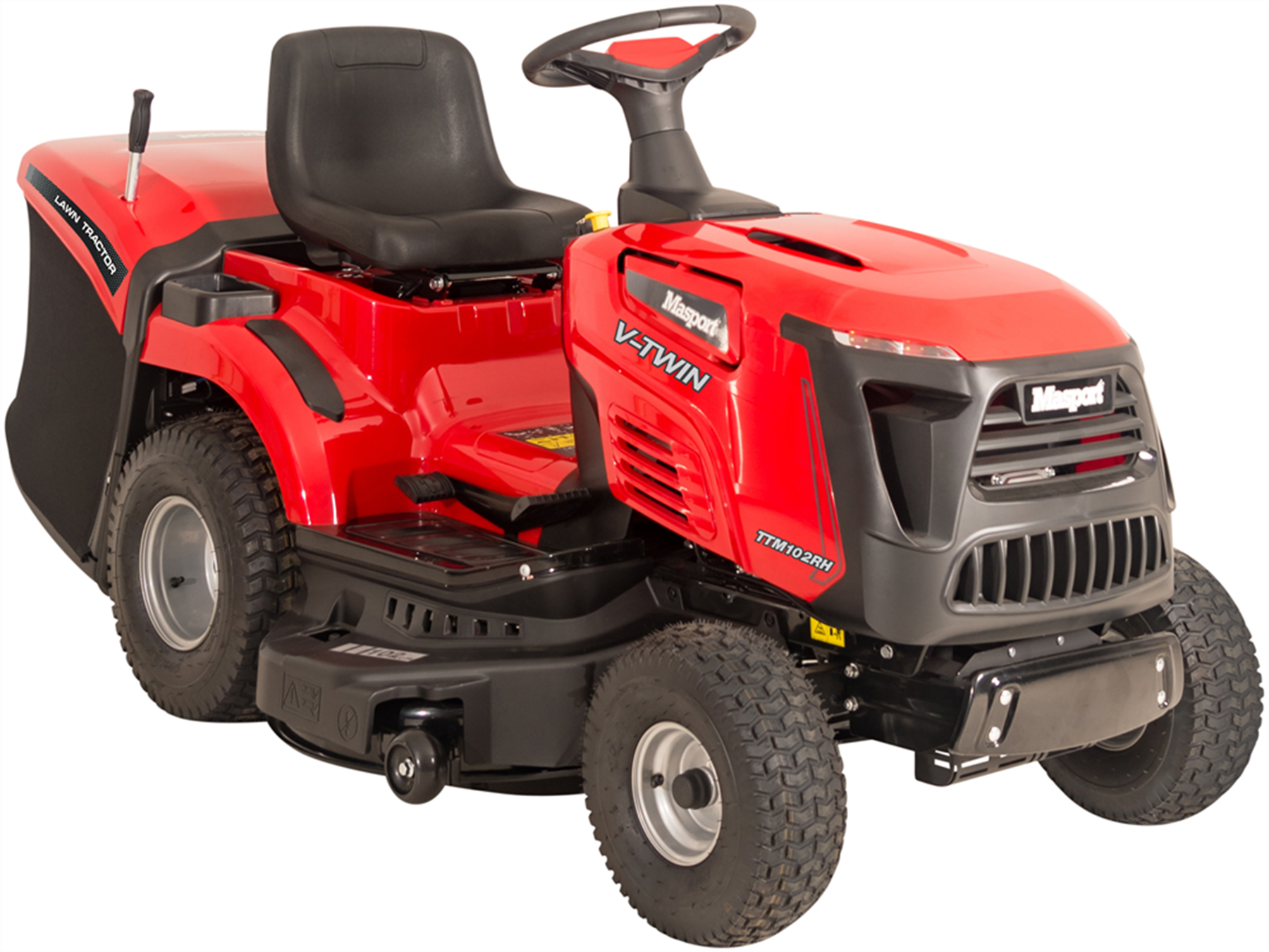 Red Masport Catcher Ride on with V Twin engine and 40" deck with white background
