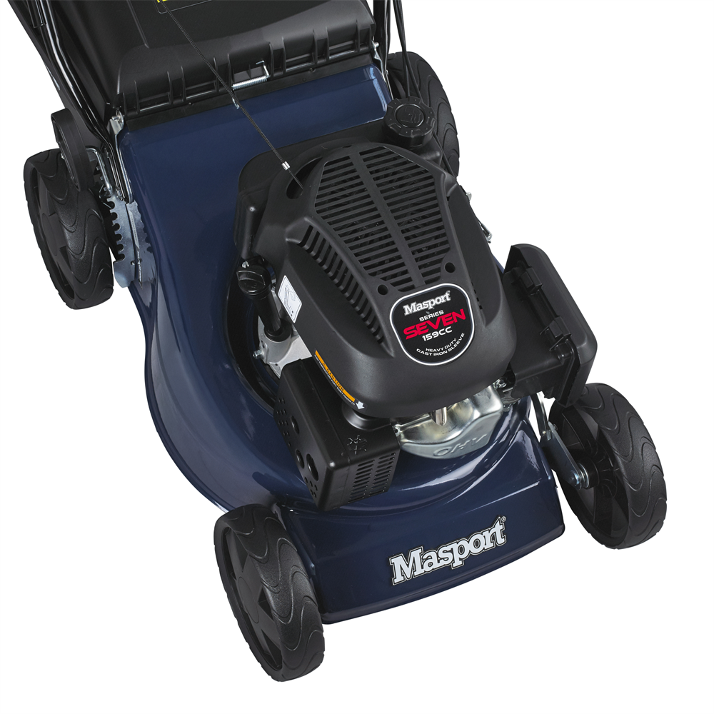 Blue Masport 300 ST lawn mower with black engine on a white background