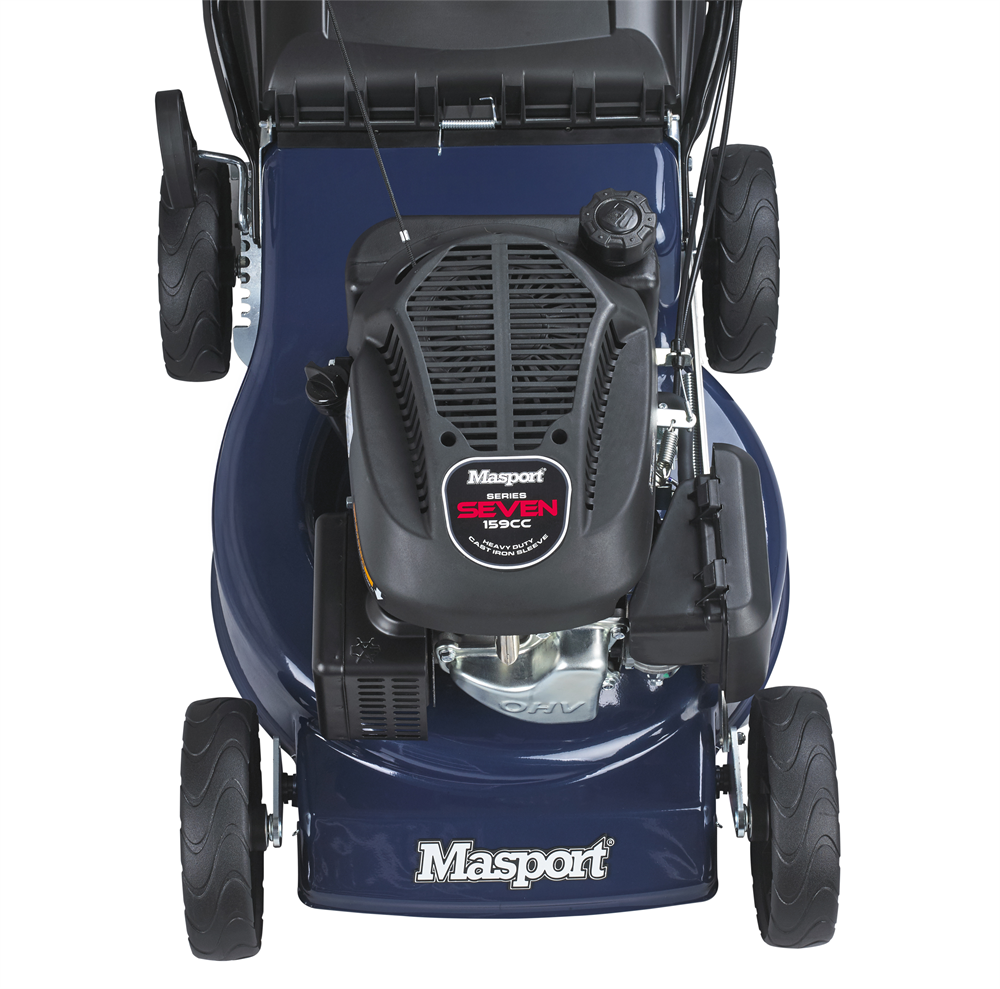 Blue lawn mower with Masport engine on a white background