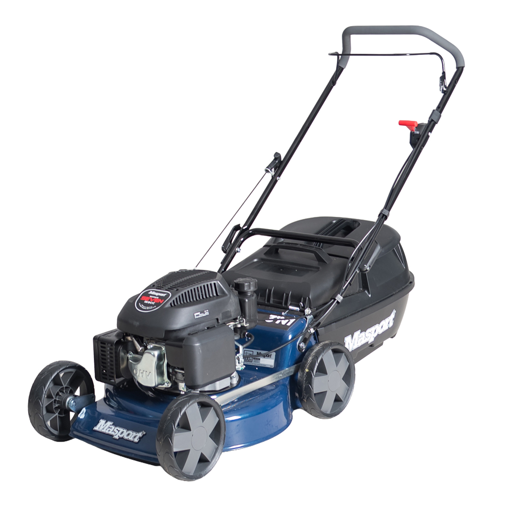 Blue and black lawn mower with 'Masport' branding on a white background