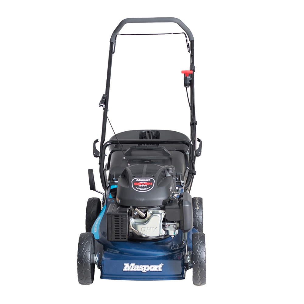 A Masport 300ST lawn mower with a blue body, black engine cover and handle, shown from a front-facing perspective on a white background.