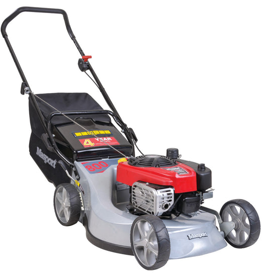 Masport 800AL Mower with red engine cover on a white background