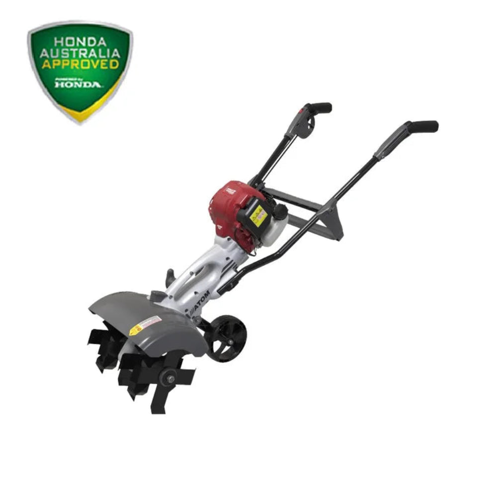 Atom 756-6T garden tiller, side view with Honda Australia Approved badge