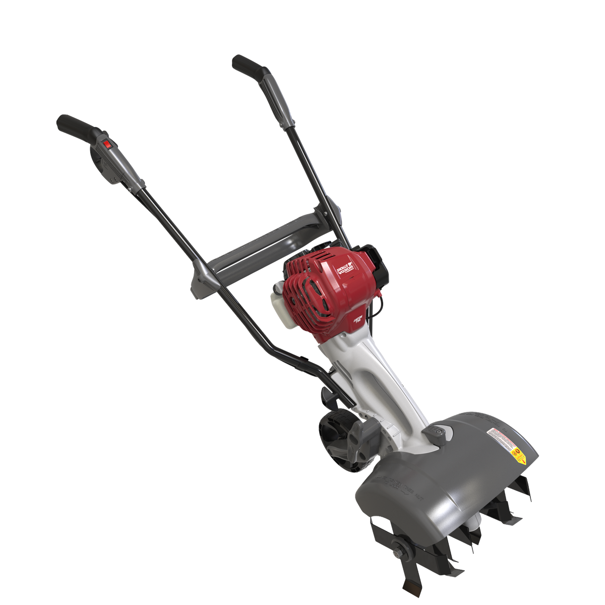 Atom 756-6T garden tiller with Honda GX25 engine, angled view