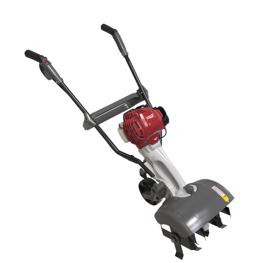 Atom 756-6T garden tiller with Honda GX25 engine, angled view