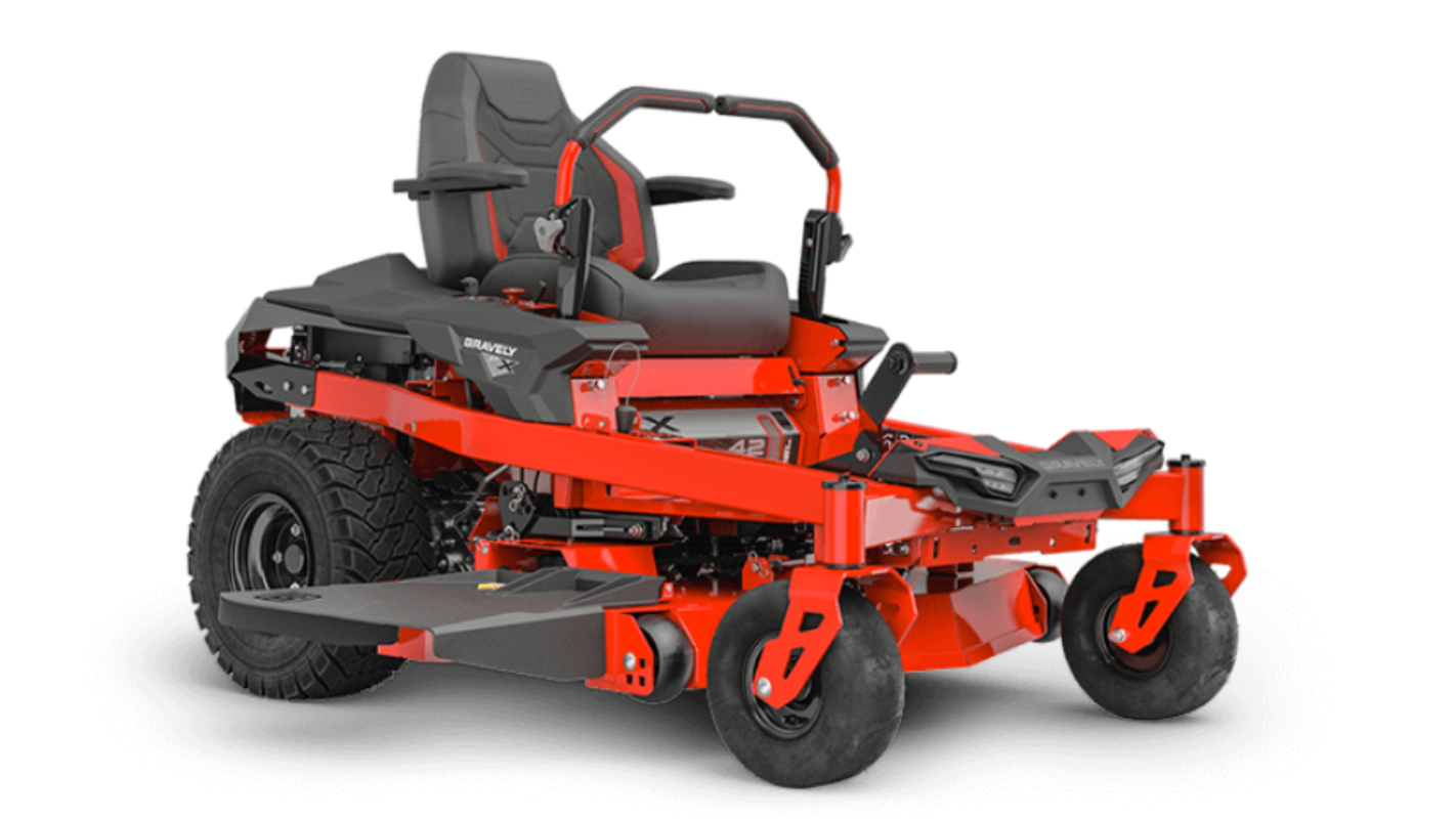 A red and black Gravely ZTX 42 zero-turn residential lawnmower with hydrogear transaxles.