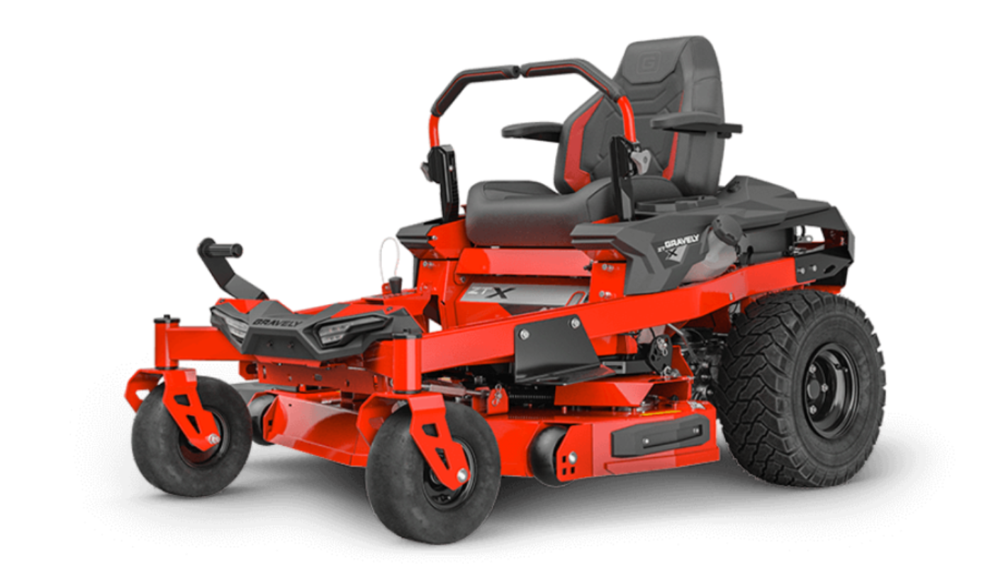 A red and black Gravely ZTX 42 zero-turn residential lawnmower with hydrogear transaxles.