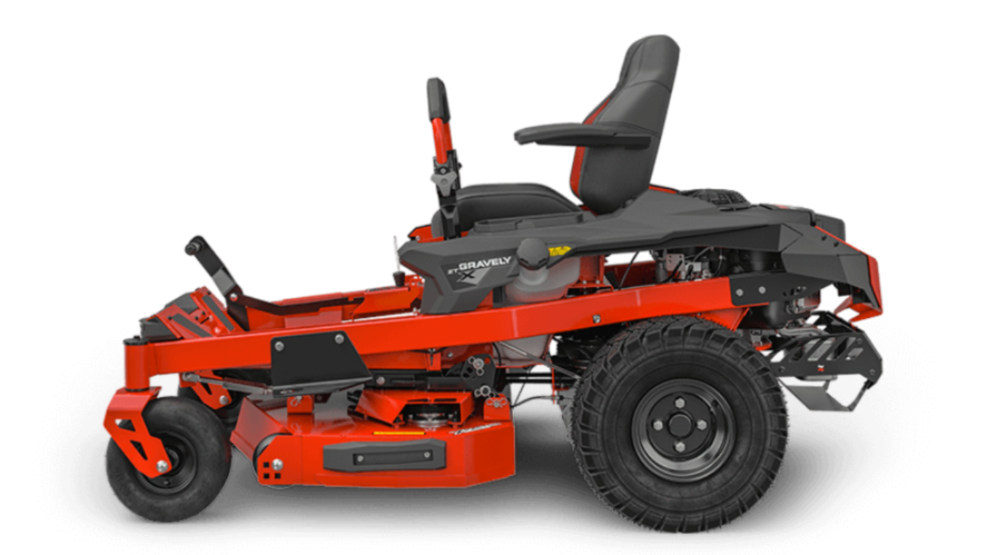 Side view of a red and black Gravely ZTX 42 zero-turn residential lawnmower with hydrogear transaxles.