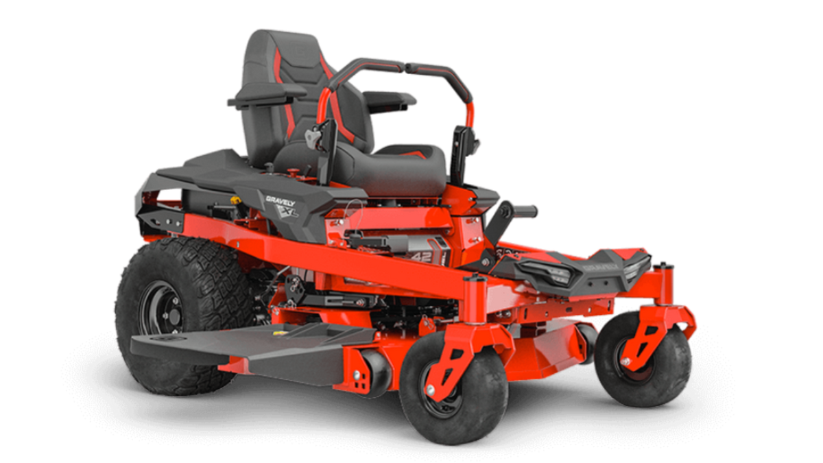 A red Gravely ZTXL 42 zero-turn lawn mower with a high-back seat and vibration isolators.