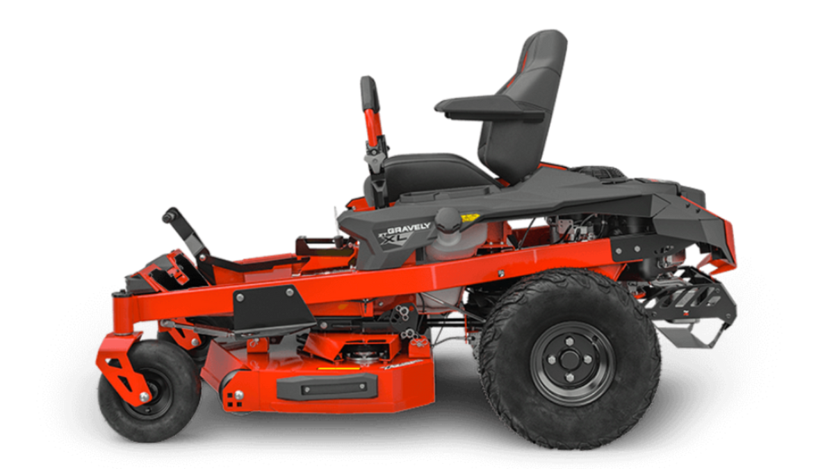 A red Gravely ZTXL 42 zero-turn lawn mower with a high-back seat and vibration isolators.