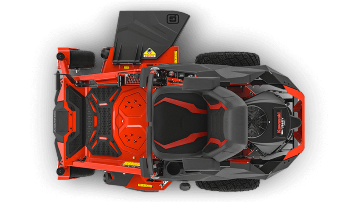 Birds eye view of a red Gravely ZTXL 42 zero-turn lawn mower with a high-back seat and vibration isolators.