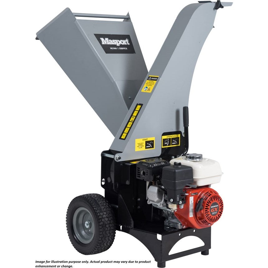 Masport MC900 Chipper with a Honda GX200 engine. It features a large hopper, a red motor, gray body, and black wheels designed for garden waste disposal.