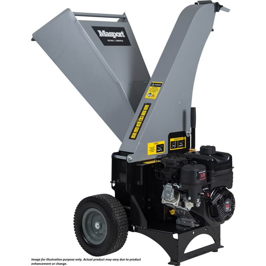 Masport MC900 Chipper with Briggs & Stratton XR950 engine, featuring a large hopper, wheels for transport, and a safety lockout mechanism.