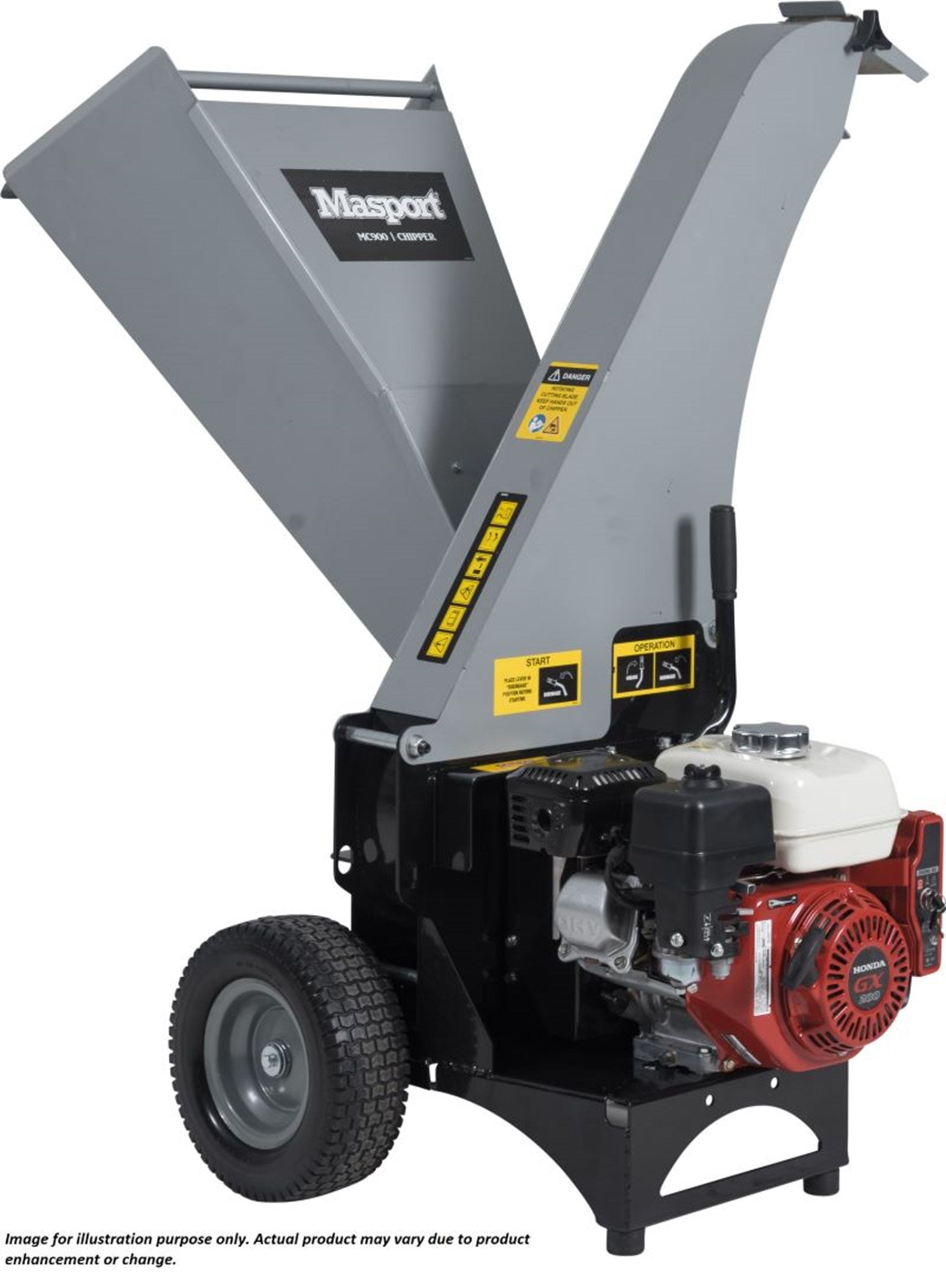 Masport MC900 chipper with a Honda GX200 engine, featuring a large hopper, wheels for mobility, and an electric start mechanism.