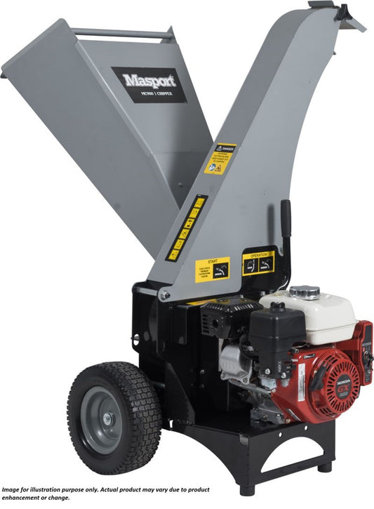 Masport MC900 chipper with a Honda GX200 engine, featuring a large hopper, wheels for mobility, and an electric start mechanism.