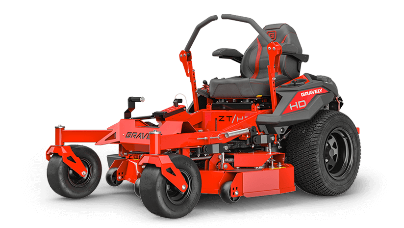 Red Gravely zero-turn lawn mower on a black background
