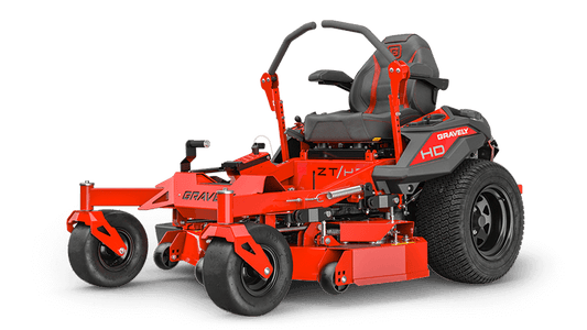 Red Gravely zero-turn lawn mower on a black background